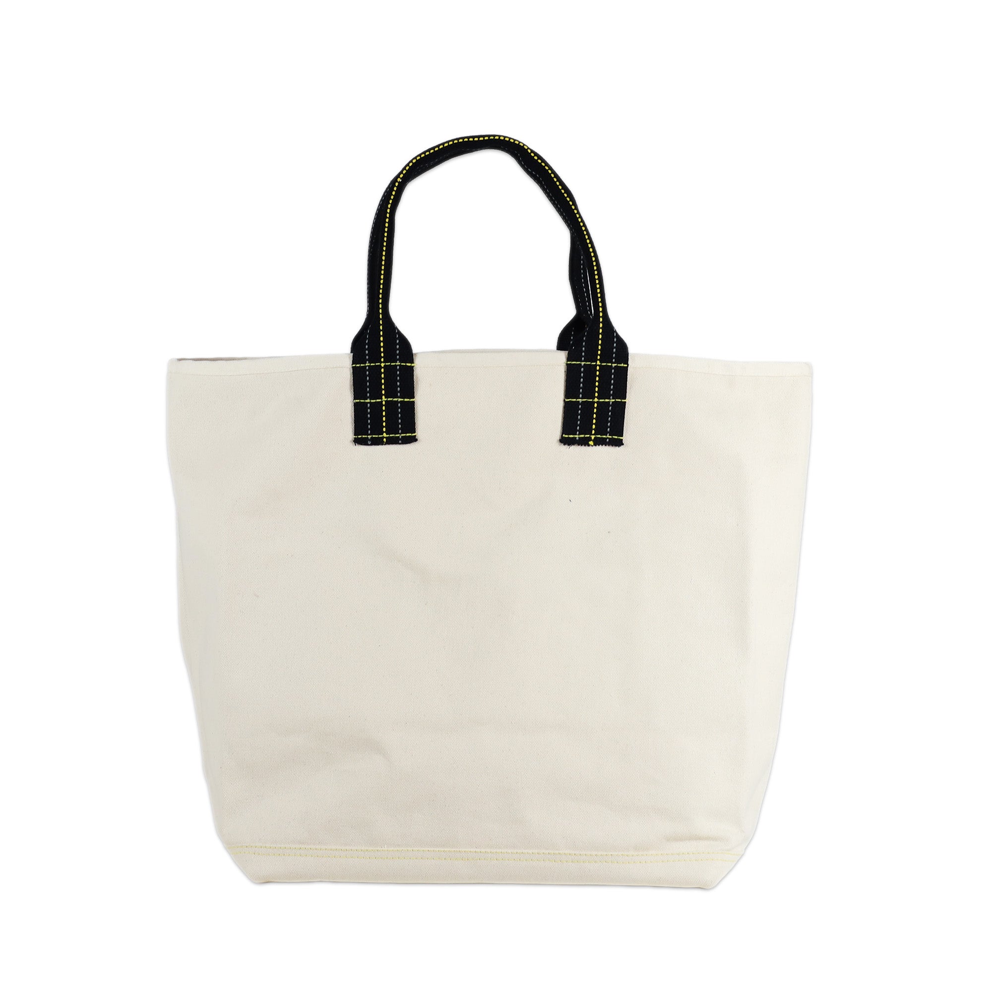 Beige tote bag with black handles on a white background