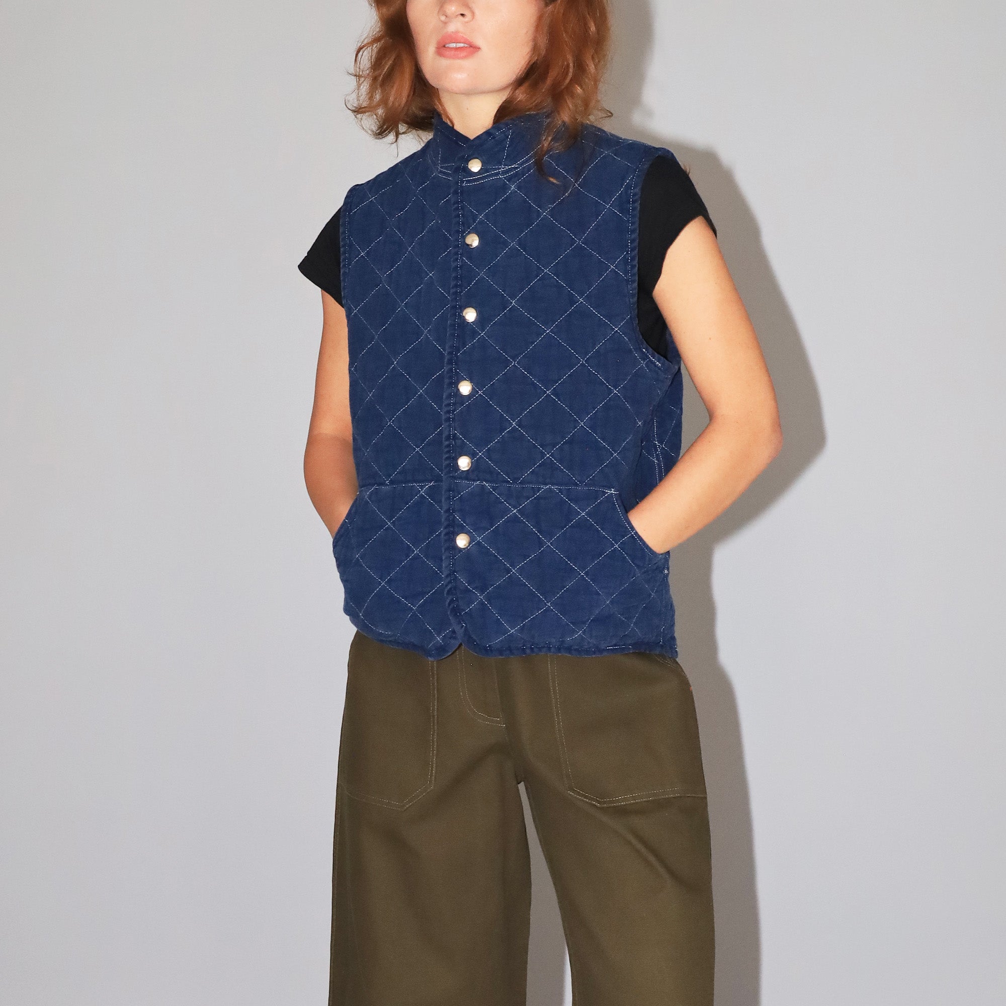 【Quilted Vest】 Night Blue Quilted Snap Vest – Utility Canvas