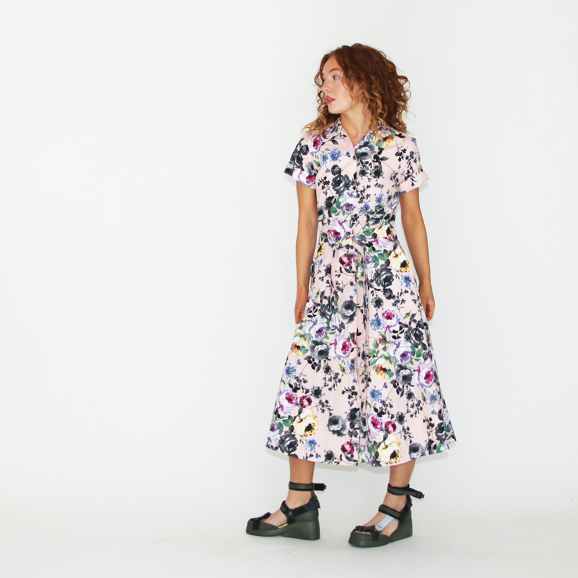 Round Collar Shirt Dress Pink Floral-Poplin / M Round Collar Shirt Dress Pink Floral-Poplin / M